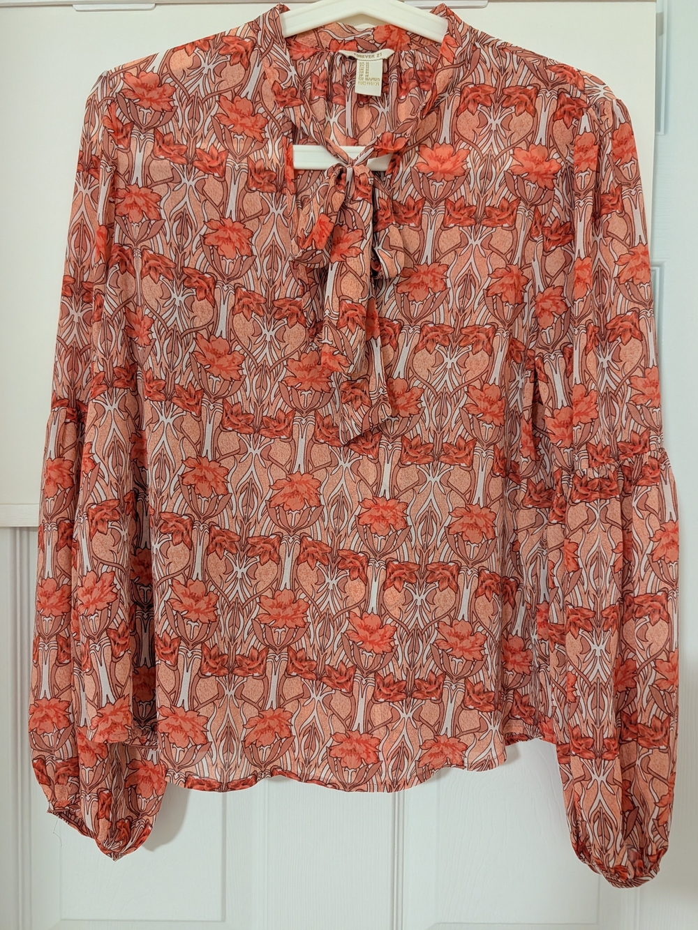 Forever 21 Coral Floral Tie-Neck Blouse